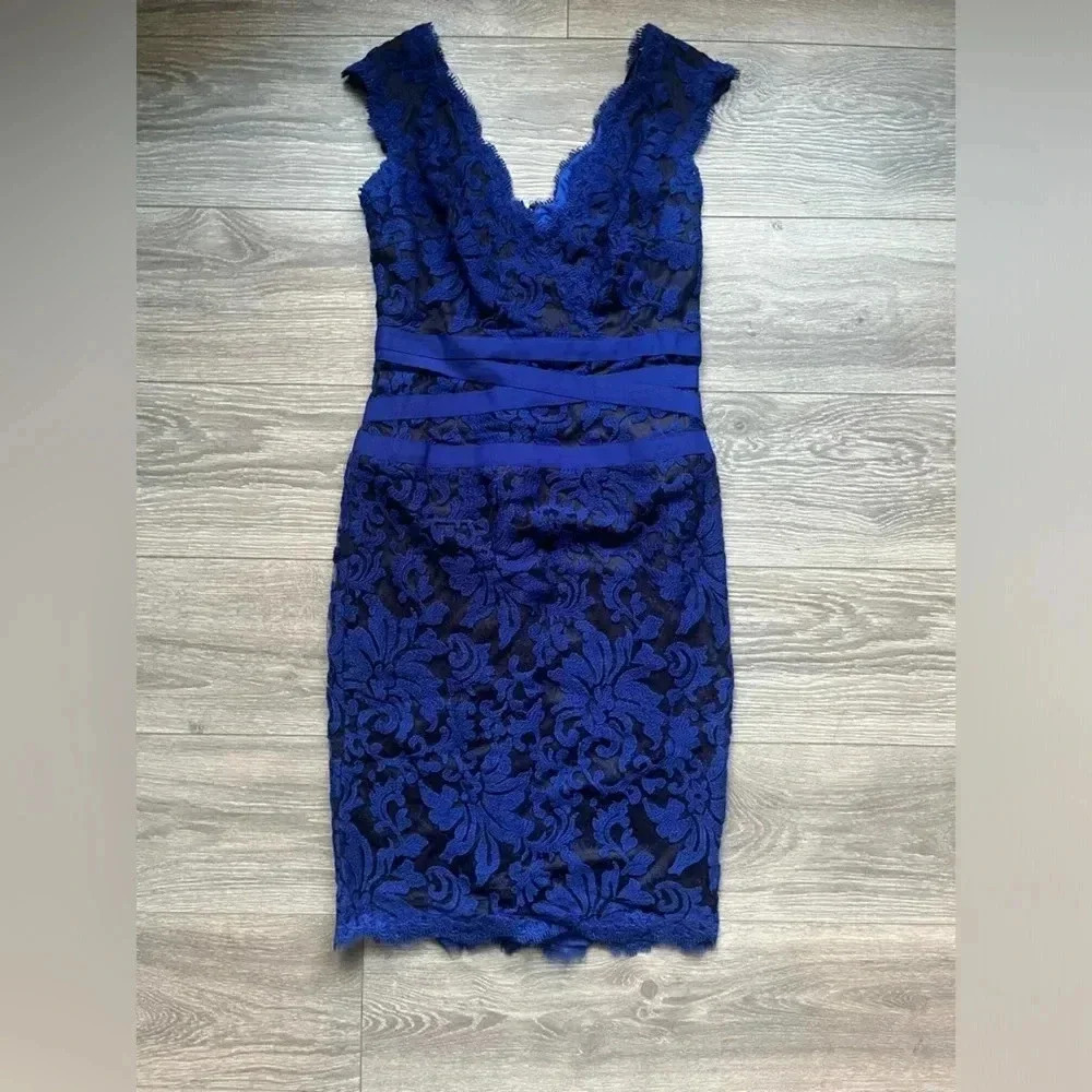 Tadashi Shoji Black Blue Lace Double V Sleeveless Fitted Ribbon Waist Dress 6